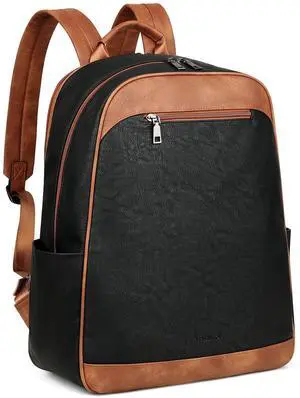 MASINTOR 15.6 inch Leather Laptop Backpack Purse for Women, Designer Travel and Work Bag with Laptop Compartment Black Brown