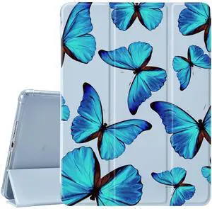 MAYCARI Cute Kawaii Butterfly Case for iPad 5th/6th Generation with Pencil Holder, Auto Sleep/Wake, Blue Girly Cartoon Soft TPU Back Cover for iPad 5th/6th Generation(9.7 Inch)