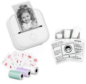 Memoking T02 Portable Small Printer with 3 Rolls Paper, Sticker Printer Machine for Study, Notes, Pictures, Photos, Journals, DIY and White Sticky Paper