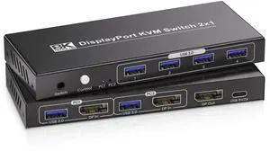8K@60Hz 4K@120Hz Displayport KVM Switch 1 Monitors 2 Computers with 4 Port USB 3.0 Hub, 2 Port DP KVM Switch for 2 Computers Share 1 Set of Keyboard, Mouse and 1 Monitor