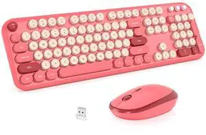 Wireless Keyboard and Mouse Combo, MOWUX Full Size Typewriter Retro Round Computer Keyboard, Cute Optical Mouse Wireless, Plug and Play, for Laptop, PC, Computer- Valentine's Rose