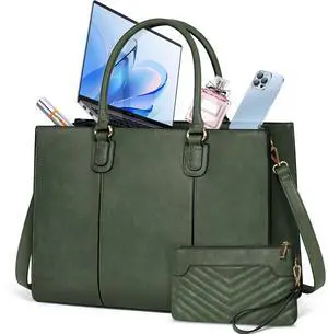 NEWHEY Laptop Bag for Women 15.6 Inch Work Tote Bags Leather Computer Bag with Clutch Purse Professional Office Briefcase Waterproof Handbag Shoulder Bag for Business Travel College, Dark Green