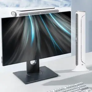 NORMIA RITA Bladeless Clip On Electric Fan, 14'' White Tower USB Desk Fan for Office, 4 Speeds, Quiet, Cordless, Rechargeable, Suitable for Flat and Curved Monitor, Laptop