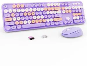Nowlike Wireless Keyboard and Mouse Combo, Retro Typewriter Keyboard with Round Keycaps, Full-Size Ergonomic, Purple, Ideal for Windows PC, Home, Office, and College