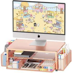 OPNICE Desk Organizers and Accessories, 2-Tier Computer Monitor Stand with Drawer and 2 Pen Holders, Office Desk Accessories Workspace Desktop Organizers for Office Supplies, Rose Gold