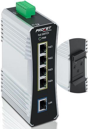 Procet Gigabit PoE Switch 4-Port Din Rail, 90W/Port, Industrial POE++ Ethernet Switch with Wide Temp -40degF to 149degF, IEEE802.3af/802.3at/802.3bt, PT-PIS4PB1T