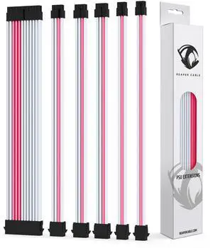 Reaper Cable Sleeved PSU Extension Set - Power Supply Extensions - 1x 24 Pin/ 2X 8 Pin/ 2X 6 Pin/ 1x 4+4 Pin - with Combs - 30cm (White & Pink)