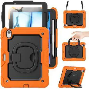 SCSVPN for iPad Air 11 Inch Case M2 2024: iPad Air 6th Generation Case with Screen Protector- Pencil Holder- Rotating Stand/Handle- Shoulder Strap, Shockproof Silicone Protective Kids Cover, Orange