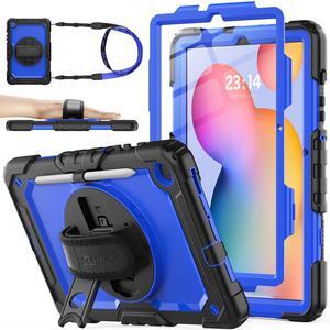 SEYMAC stock Case for Samsung Galaxy Tab S6 Lite 10.4'' (2024-2020) with Screen Protector Pencil Holder [360deg Rotating Hand Strap] &Stand, Drop-Proof Case for Galaxy Tab S6 Lite Tablet, Blue/Black
