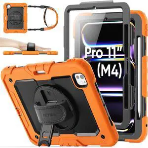 SEYMAC stock Case for iPad Pro 11 inch Case 2024 (M4), Shockproof Protective with Pencil Holder, Screen Protector, 360deg Rotate Stand, Adjustable Hand Strap, Shoulder Strap, Orange
