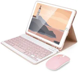 SOPPY Keyboard Case with Mouse for iPad, Bluetooth Keyboard for iPad 9th Gen./8th Gen./7th Gen 10.2 inch, iPad Air 3, iPad Pro 10.5" 2017, Detachable Keyboard, Built-in Pen Holder - Pink - US