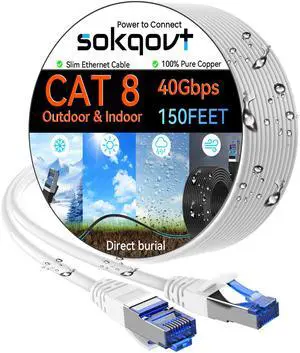 Sokqovt Cat 8 Ethernet Cable Slim 150ft Outdoor&Indoor, Pure Copper Cat8 Internet Cable for Waterproof & Direct Burial, Flexible Cat8 Ethernet Cable 40G 2000MHZ, Cat 8 Network Cable for Indoor White