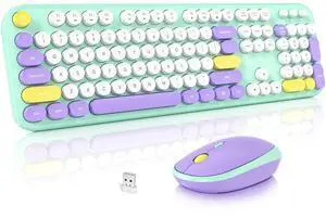 Wireless Keyboard and Mouse Set, SQMD Typewriter Full Size Keyboard with Number Pad, 2.4G USB Cute Typewriter Keyboard and Mouse Combo, for Windows 7/8/10, Laptop, Desktop, PC - Blue Colorful
