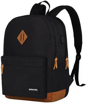 SUPACOOL Lightweight Laptop Backpack with USB Charging Port for Men and Women, Double Layers Backpack for College, Work, Travel, Casual(Black and brown)