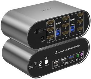 Terived HDMI Triple Monitor KVM Switch 4K60Hz, Audio Microphone hotkey EDID with Cables