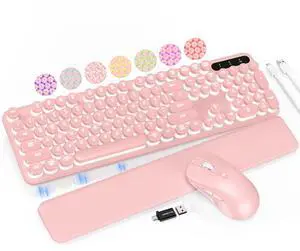 Wireless Keyboard and Mouse Backlit - Typewriter Keyboard with Retro Round Keycaps, Detachable Wrist Rest, Light Up Letters, 2.4G Rechargeable Combo for Mac, Windows, PC, Laptop, Trueque (Pink)