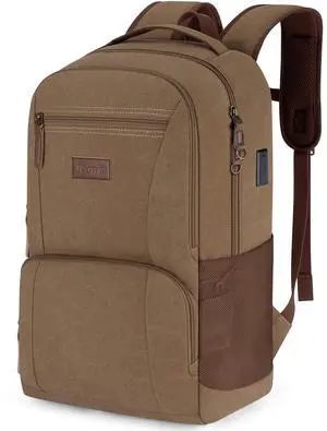 Tzowla Canvas Laptop College Backpack for Men and Women,Travel Work Vintage Rucksack with USB/Type-C Charging Port,Lightweight Hiking Casual Daypack Backpacks fit 15.6 inch Notebook,Brown