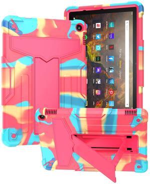UUcovers Kindle Fire HD 10 & 10 Plus Tablet Case (Only Fits 11th Generation, 2021 Release) with Kickstand Shockproof 3 in 1 Heavy Duty Rugged Hybrid Hard PC & Soft Silicone Cover, Rainbow & Rose Red