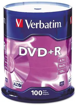Verbatim DVD+R Blank Discs AZO Dye 4.7GB 16X Recordable Disc - 100 Discs Spindle,Silver