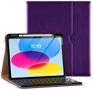 VIKESI Keyboard Case for iPad 10th Generation Case 10.9 Inch (2022 Released), Premium Leather Smart Cover, Built-in Breathing Light, Function Row, Pencil Holder, Card Slots - Purple