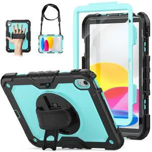 WEGLS Case for iPad (A16) 11th/10th Generation 11''/10.9'' 2025/2022 with Screen Protector Pencil Holder, 360 Rotating Hand Strap & Stand, SkyBlue/Black