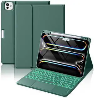 Hamile for iPad Pro 11-inch Case with Keyboard (M4) - Magnetic Wireless Detachable Keyboard with Multi-Touch Trackpad 7 Colors Backlit Stain Proof Folio Cover for iPad Pro 11 Inch 2024 - Pine Green
