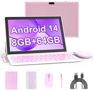 YQSAVIOR Android 14, Tablet 10 inch, 2 in 1 Tablet with Keyboard, 8GB+64GB+1TB, Quad Core, 1280 * 800 HD Screen, Dual Camera, Wi-Fi, BT Computer Tablets with Case Mouse Stylus, Pink