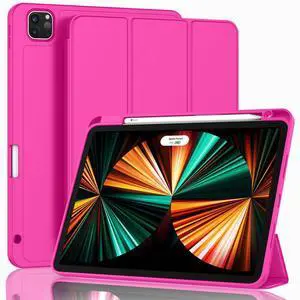 ZryXal New iPad Pro 12.9 Inch Case 2022/2021/2020(6th/5th/4th Gen) with Pencil Holder,Smart iPad Case [Support Touch ID and Auto Wake/Sleep] with Auto 2nd Gen Pencil Charging (Rose Red)