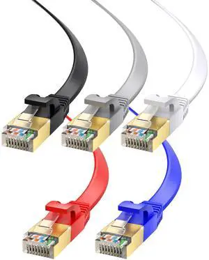 Maximm Cable CAT7 Flat Ethernet Cable, 5 Pack (Multicolor, 25ft) 10 Gbps, 600 MHz, Shielded RJ45 Gold Connectors Ultra-Thin Flexible Design for Home & Office Networking