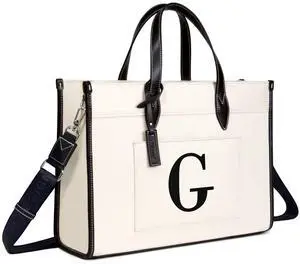 TOPDesign Initial Laptop Tote Bag for Women, Stylish Canvas Bag for 15.6 Inch Computer, Personalized Monogrammed Work Purse, Large Casual Business Briefcase, Office Handbag, Perfect Gifts for Her