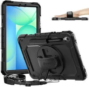 Timecity Case for Samsung Galaxy Tab S10 FE/ S9 FE 5G 10.9 Inch/ S9 11 Inch - Heavy Duty Protective Cover with Screen Protector, Rotating Stand, Shoulder Strap & S Pen Holder | Kids-Friendly, Black