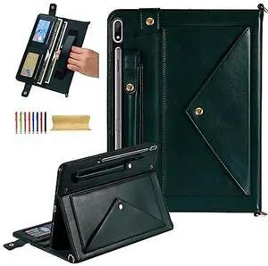 Dteck Case for Samsung Galaxy Tab S9 FE 10.9",Galaxy Tab S9/S8/S7 Case 11",PU Leather Business Stand Protective Cover with S Pen Holder Card Slots Shoulder Hand Strap Handbag Wallet Cover,DarkGreen