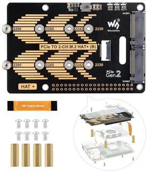 Waveshare PCIe to 2-CH M.2 HAT, Compatible with Raspberry Pi 5, Support M.2 NVMe Solid State Drive 2230 2242 2280, High-Speed Reading/Writing