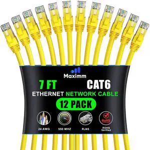 Maximm Cat 6 Ethernet Cable 7 Ft (12-Pack) - High-Speed LAN, Internet, Patch, and Network Cord - UTP, 10Gbps, 550MHz - Yellow