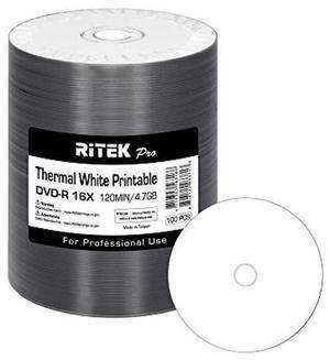 100 Pack Ritek Pro (Professional Grade) DVD-R 16X 4.7GB AZO Dye (MID MXL RG04) White Thermal Hub Printable Blank Media Recordable Disc