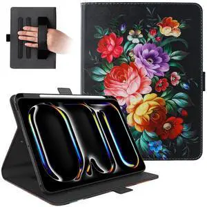 Dteck for iPad Pro 13" M4 Case 2024 with Pencil Holder/Hand Strap, Auto Sleep Wake, Adjustable Stand, Magnetic Closure, Stylus Included, PU Leather Protective Smart Folio Cute Case, Colorful Flowers