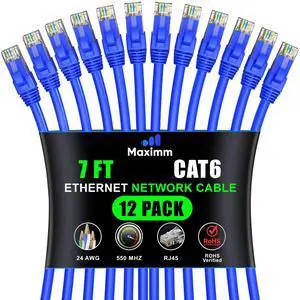 Maximm Cat 6 Ethernet Cable - 7 ft (12-Pack), High-Speed LAN, Internet, Patch, and Network Cable - UTP, 10Gbps, 550MHz - Blue