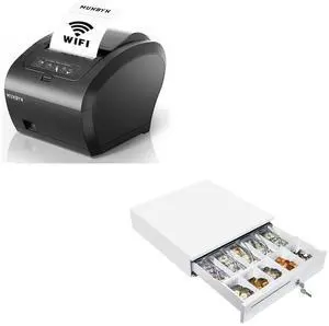 MUNBYN WiFi Receipt Printer with USB Port, 80mm POS Printer and White Cash Drawer, 16" Heavy Duty Cash Register for Point of Sale (POS) System