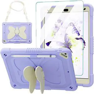 for iPad 9th Generation Case 10.2 inch for Kids Girls with Screen Protector, Butterfly Kickstand, Shoulder Strap, Pencil Holder Rugged Cover for iPad 9th 8th 7th Gen 2021 2020 2019, Purple