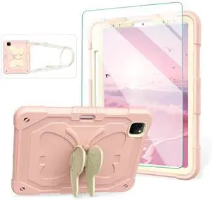 for iPad Air 5th Generation Case iPad Pro 11 inch Case 4th 3rd for Kids Girls with Screen Protector, Butterfly Kickstand, Shoulder Strap, Pencil Holder Cover for iPad Air 4th Gen 10.9'' Pink