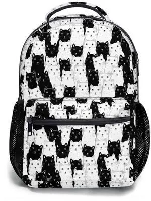 Ancordivo Cute Cat Backpack Black and White Cat Theme Print School Bookbag Fun Animals Pattern College Shoulders Back Pack for Travel Hiking Camping