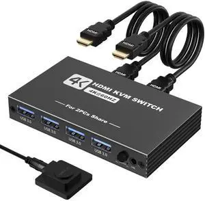 USB 3.0 HDMI KVM Switch 1 Monitors 2 Computers, 4K@60Hz KVM Switch, USB Switch, KVM Switches for 2 Computers Sharing Monitor Keyboard Mouse Printer, Included 2 HDMI Cables 2 USB Cables and Controller