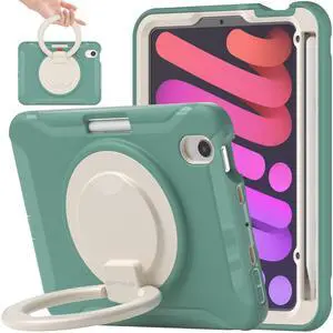 BATYUE Case for iPad Mini 7 (A17 Pro) 2024/ iPad Mini 6 (A15 Bionic) 2021 8.3 inch, Shockproof Protective Rugged Case with Pencil Holder/ 360deg Swivel Stand/Handle Grip, for Kids - Emerald Green