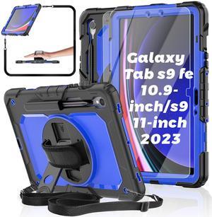 BASE MALL Case for Samsung Galaxy Tab S10 FE/S9 FE/S9 Tablet Case 10.9/11-inch 2023 with Tempered Glass Screen Protector, Rotatable Kickstand/Hand & Shoulder Strap/S Pen Holder (Blue)