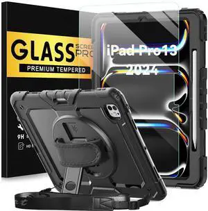 BLOSOMEET Case for iPad Pro 13 Inch 2024 M4 with Tempered Glass Screen Protector & Pencil Holder, Heavy Duty iPad Cover for Pro 13 Inch with Stand Handle Shoulder Strap (Black)