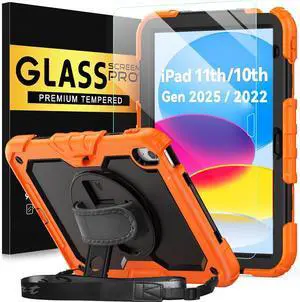 BLOSOMEET Case for iPad A16 11th/10th Generation 11''/10.9'' 2025/2022 with Tempered Glass Screen Protector & Pencil Holder, Rugged Military Grade Cover w/Stand Hand Shoulder Strap, Orange