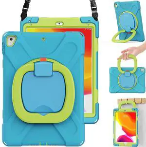 BRAECN Kids Case for iPad 9.7 Inch iPad 6th/5th Generation(2018/2017), 3-Layer Full-Body Rugged Silicone Case w/Rotatable Handle Grip, Shoulder Strap, Pencil Holder, Kickstand for iPad Air 2-Sky Blue