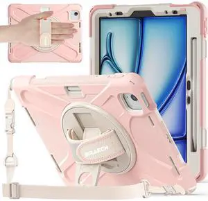 BRAECNstock Kids Case for iPad Air 11 inch (M3/M2)/ Air 5th/4th Gen/Pro 11 inch 4th/3rd/2nd/1st Gen, Shockproof Protective with Pencil Holder, Rotating Hand Strap+Stand, Shoulder Strap, Sakura Pink
