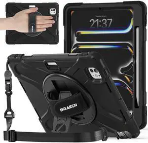 BRAECNstock for Apple iPad Pro 11 inch Case 2024 M4 (5th Gen) with Pencil Holder Rotating Hand Strap + Stand Shoulder Strap Shockproof Protective iPad Pro M4 11 inch Case Cover for Kids Adult - Black