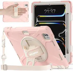 BRAECNstock Kids Case for Apple iPad Pro 11 inch 2024 M4 5th Gen Shockproof Protective iPad Pro M4 11 inch Case 2024 5th Gen with Pencil Holder Rotating Hand Strap+Stand Shoulder Strap - Sakura Pink